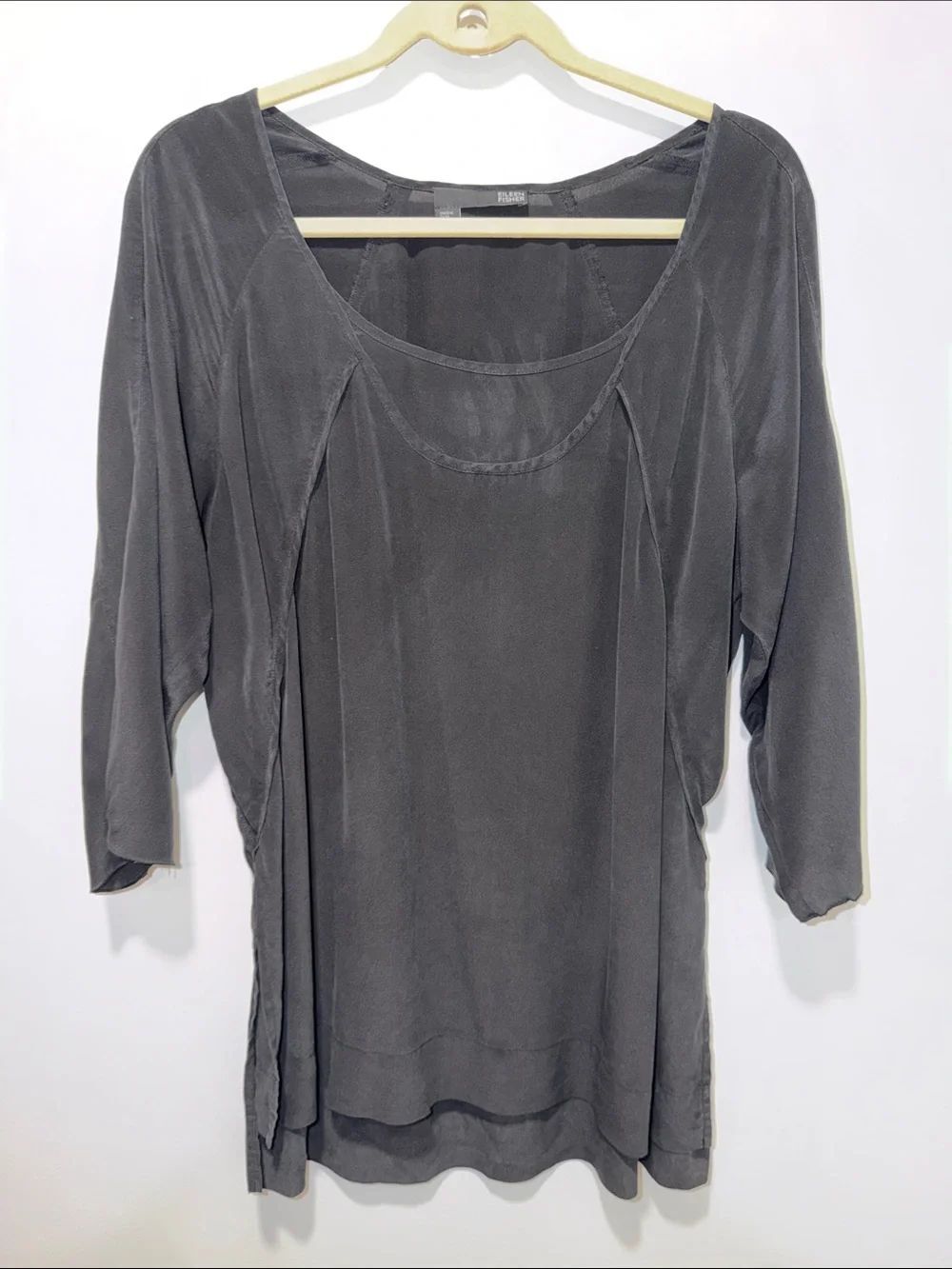 Eileen Fisher M Black Silk High Low Quarter Raglan Sleeve Tunic Top